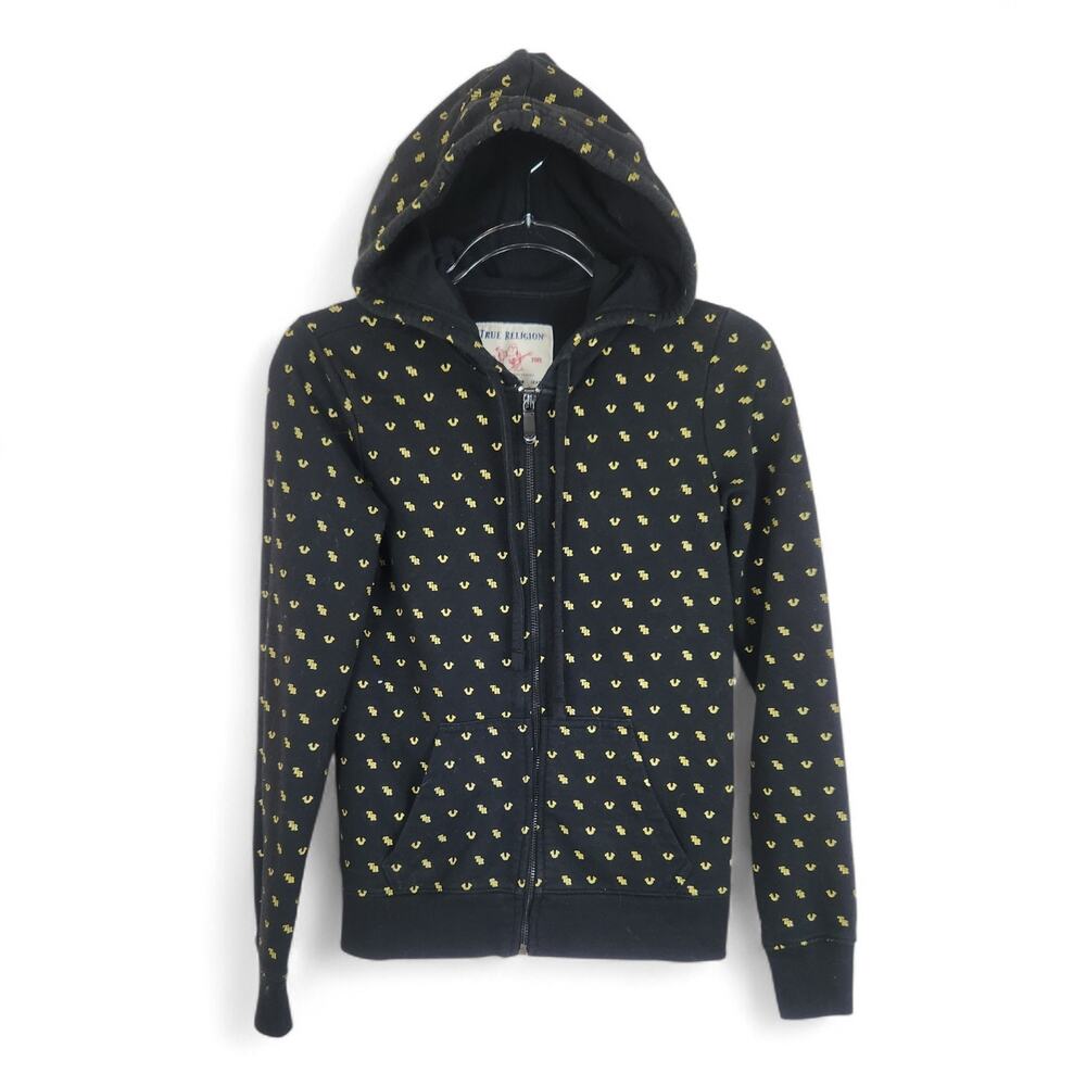 True Religion Black Monogram Zip Up Hoodie Xs Women Gold FLAW Y2K Look Sweater